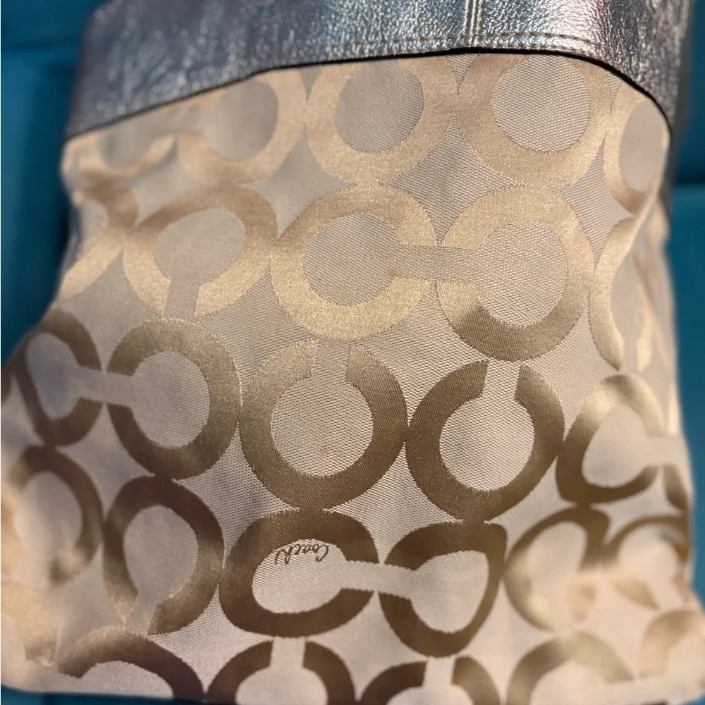 Coach 15013 Julia Op Art Metallic Gold Logo Jacquard & Leather Shoulder Tote Bag